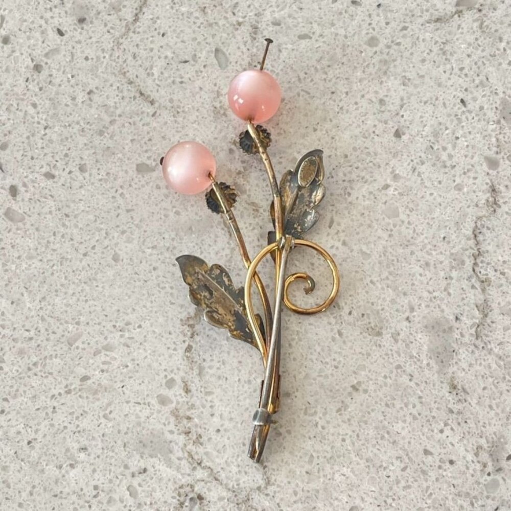Van Dell 12K Gold Filled Sterling Flower Brooch Pink Moonstone Glass - Picture 2 of 4